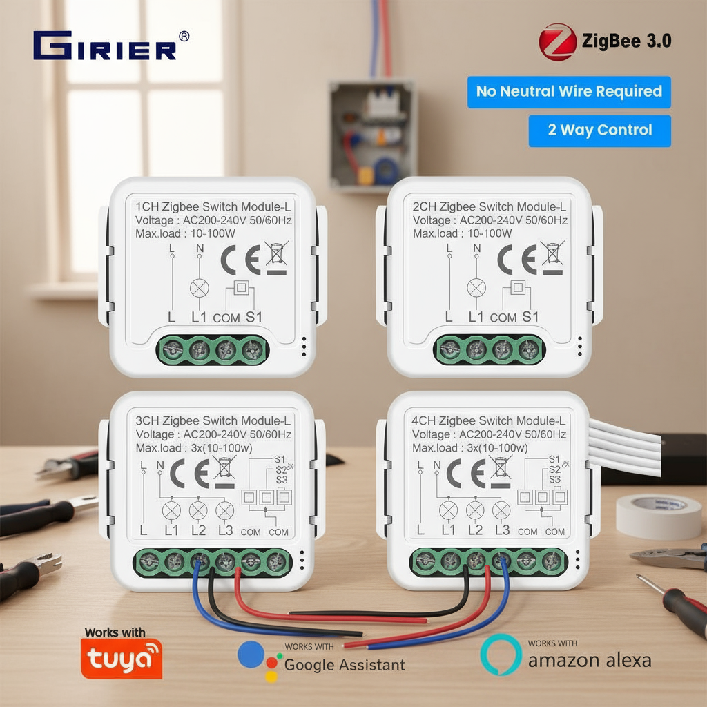 GIRIER โมดูลสวิตช์อัจฉริยะ ZigBee 3.0 1/2/3/4 ช่อง รีเลย์เบรกเกอร์ DIY ไม่ต้องใช้สายกลาง ควบคุม 2 ทา