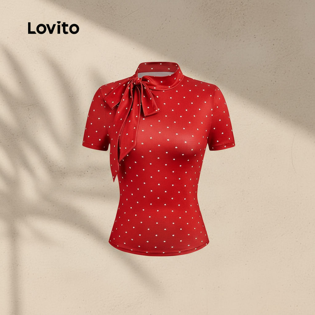 เสื้อสายเดรสแขนสั้น Lovito สไตล์โบว์คล้องคอ ทรงเรียบเก๋ TSB156TD