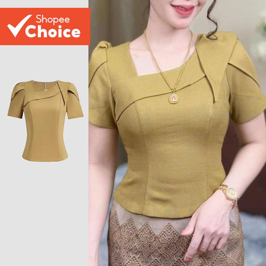 Lovito เสื้อเชิ้ตผู้หญิงลําลอง ทรงไม่สมมาตร สีเหลือง สําหรับฤดูใบไม้ผลิ/ฤดูร้อน รุ่น L149ED660