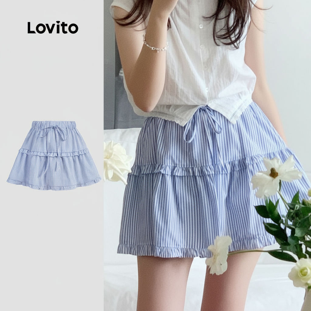 (trendy3)Lovito กระโปรงลายผูกเชือกระบายลําลองลายทางสําหรับผู้หญิง  L125AD249