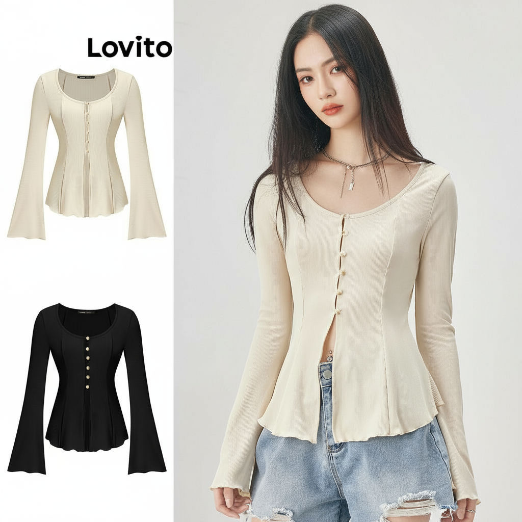 (Trendy2) Lovito เสื้อยืดลําลองเสื้อยืดรัดตัวด้านหน้าปุ่มอสมมาตรธรรมดาสําหรับผู้หญิง L52AD153 (หลากส