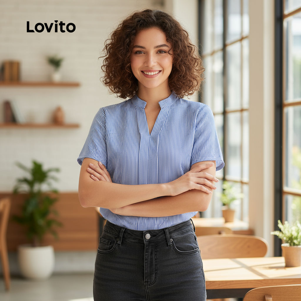 Lovito เสื้อเชิ้ตผู้หญิง สีฟ้า สําหรับฤดูใบไม้ผลิและฤดูร้อน รุ่น L243AD605