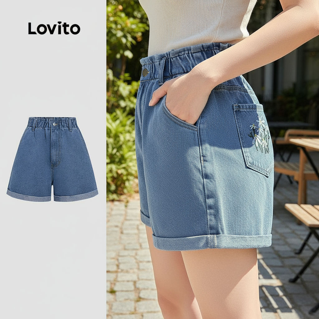 กางเกงขาสั้นยีนส์Lovito แบบมีกระเป๋า