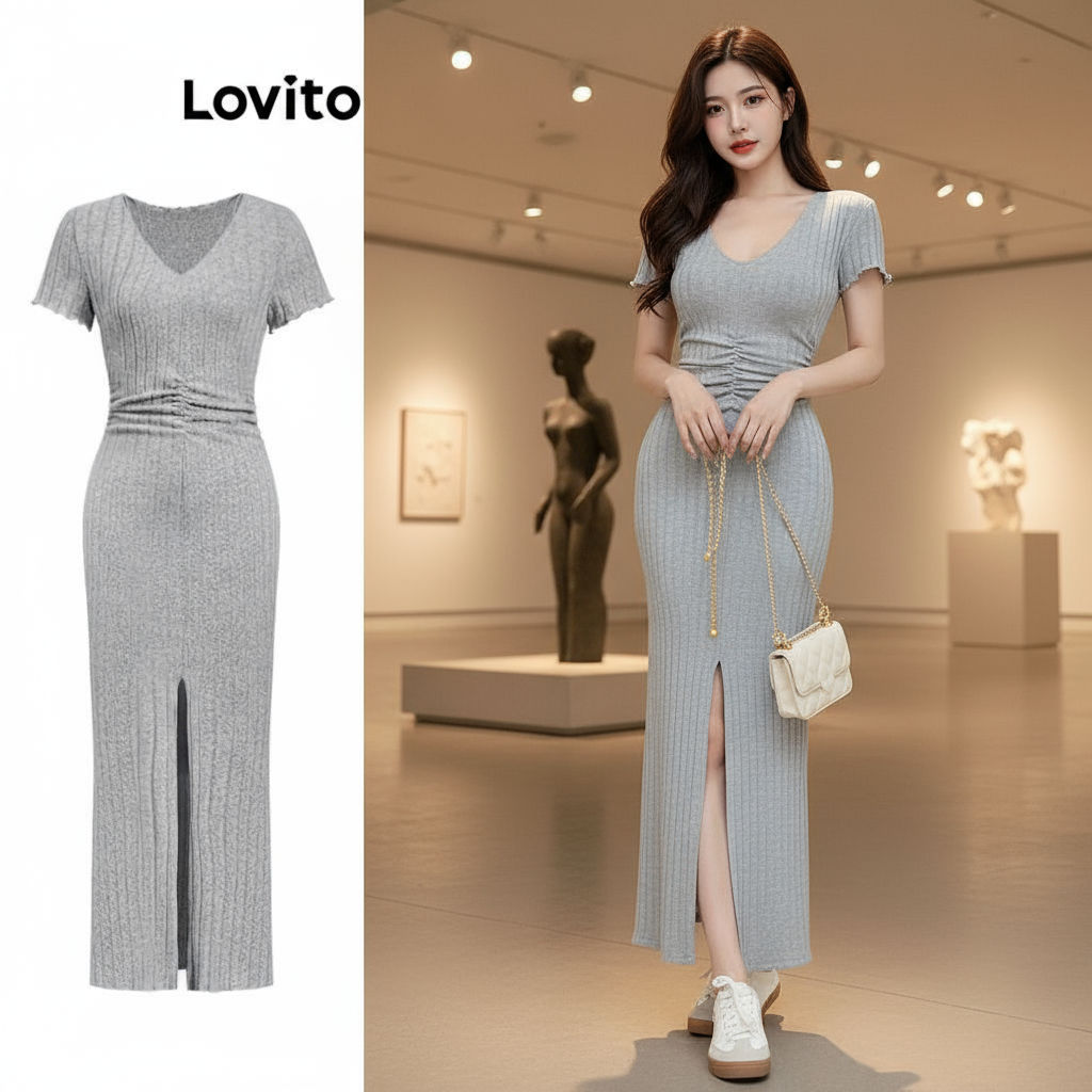 (trendy4)Lovito ชุดเดรสลําลองชุดเดรสด้านหน้าแบบแยกธรรมดาสําหรับผู้หญิง L108ED610