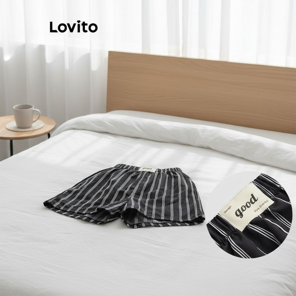 Lovito กางเกงขาสั้นลายทางสีบล็อกลำลองสำหรับผู้หญิง L112ED507