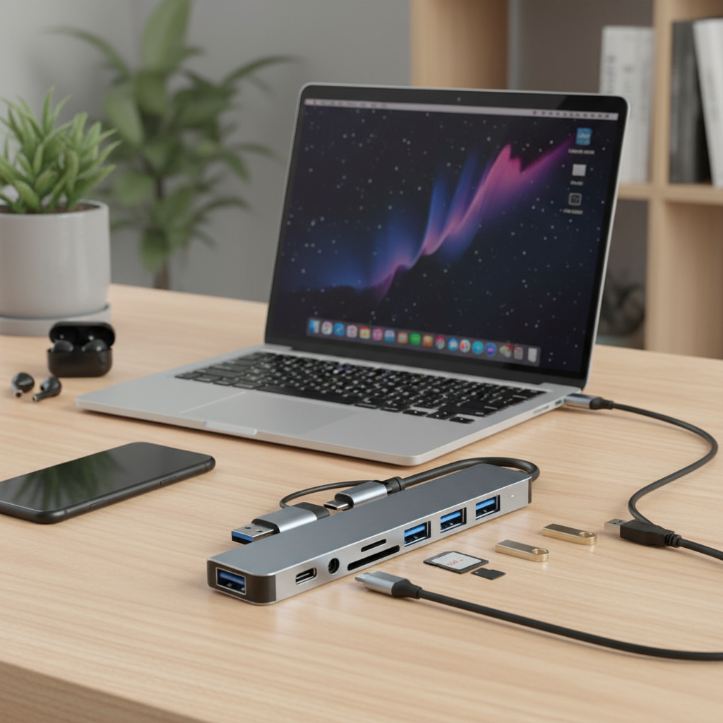 ด็อกฮับ USB Expander 8-in-1 พร้อม USB3.0, Type C, TF, SD Reader, 3.5mm Audio สําหรับ MacBook, iPad