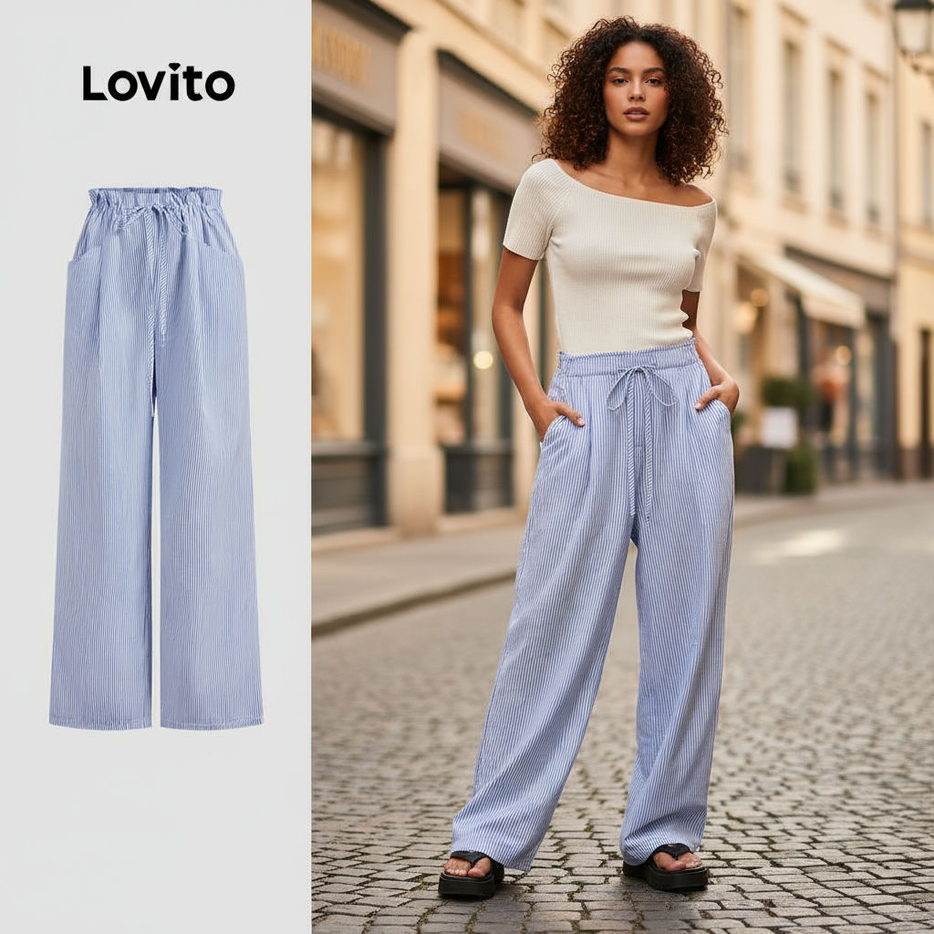 (Fashion_3) Lovito กางเกงลําลองลายเชือกรูดฤดูร้อน/กางเกงฤดูใบไม้ผลิสําหรับผู้หญิง L125AD017