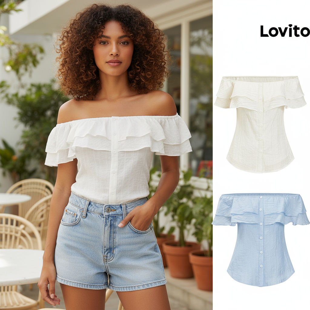 (Fashion_3) Lovito เสื้อลําลองผ้าพื้นผิวธรรมดานัวเนียปุ่มฤดูใบไม้ผลิและฤดูร้อนเสื้อสําหรับผู้หญิง L7