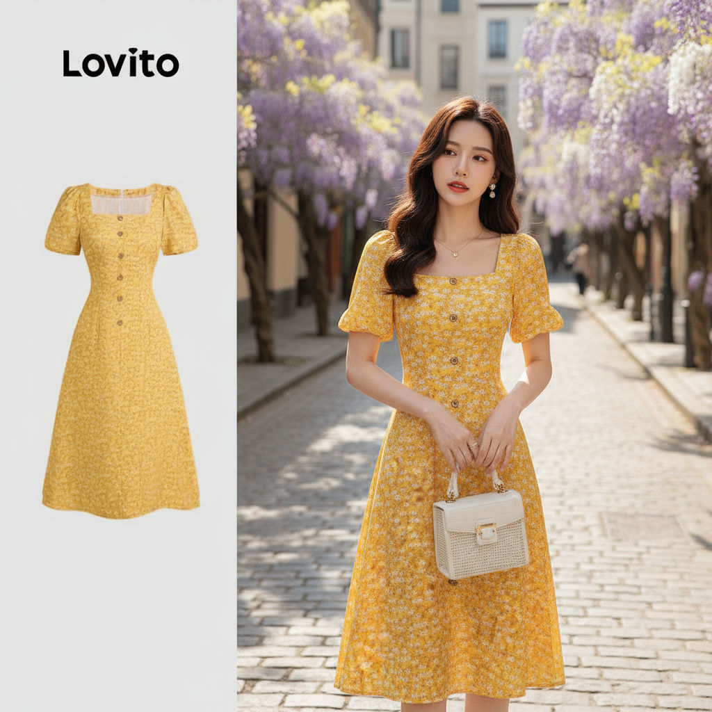 Lovito เดรสสไตล์บูล ท่อนลึกจีบ สําหรับผู้หญิง สีเหลือง ฤดูใบไม้ผลิ/ฤดูร้อน L137ED633