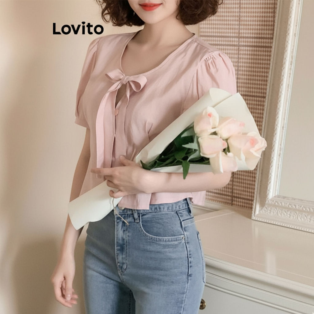 Lovito เสื้อเบลาส์หรูหราเสื้อผูกหน้าสีพื้นสําหรับผู้หญิง L108ED939