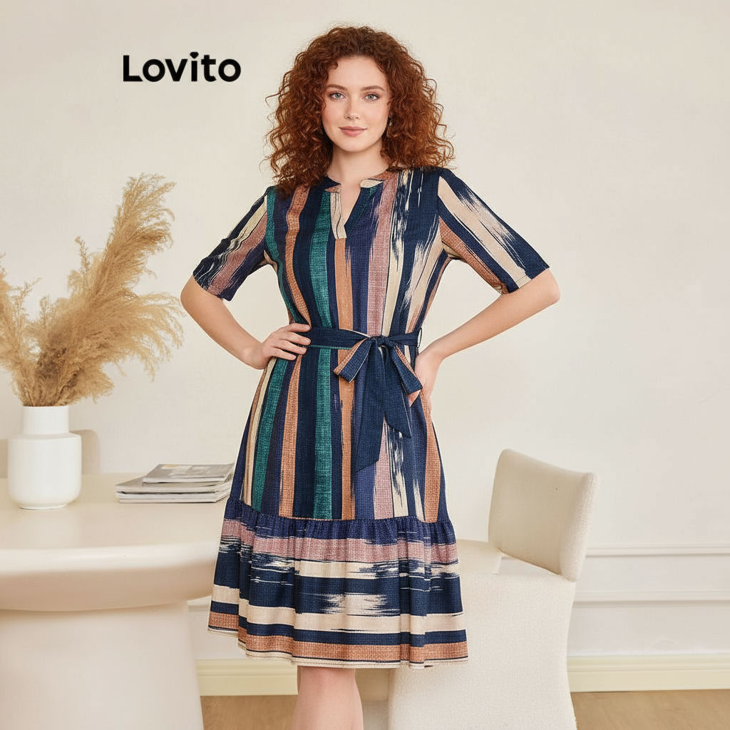 Lovito ชุดลําลองลายลูกไม้ขึ้นเข็มขัดนัวเนียเหมชุดสําหรับผู้หญิง LBL13400