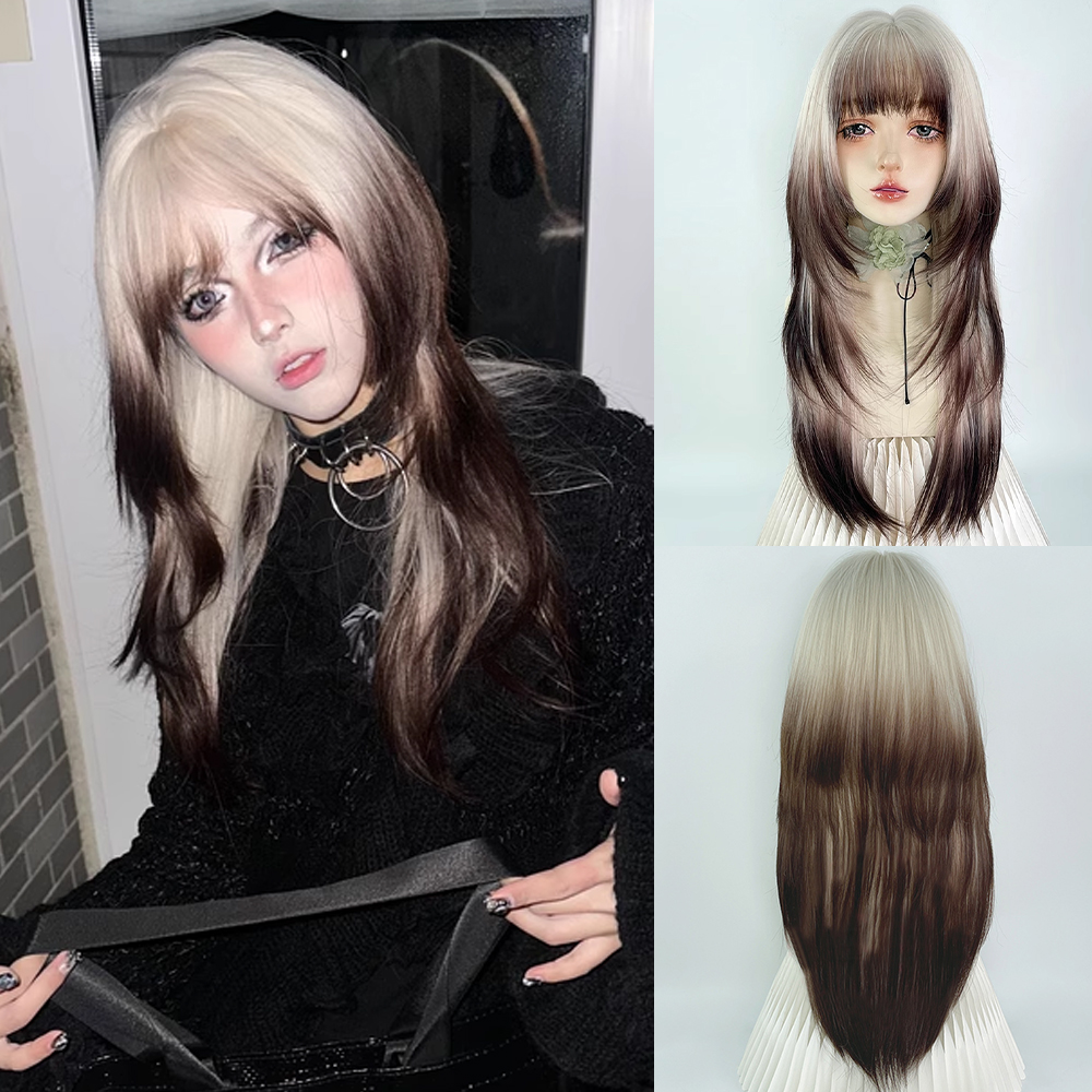 วิกผมสังเคราะห์ยาวแบบไล่สีเบจน้ำตาลตรงชั้น Hime Cut แบบหัวแมงกะพรุน มีเส้นผมหน้าม้าสำหรับผู้หญิง ใช้