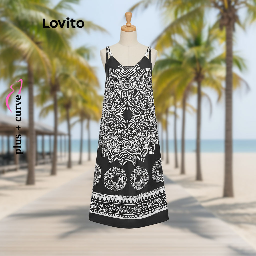 Lovito เดรสสาวอวบ พิมพ์ลายชนเผ่า สไตล์โบโฮ LBL16845