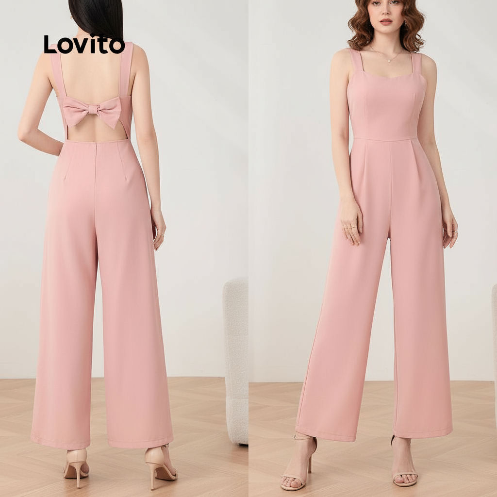 (trendy3)Lovito ชุดจั๊มสูทด้านหลังโบว์สีพื้นหรูหราสําหรับผู้หญิง L129AD043