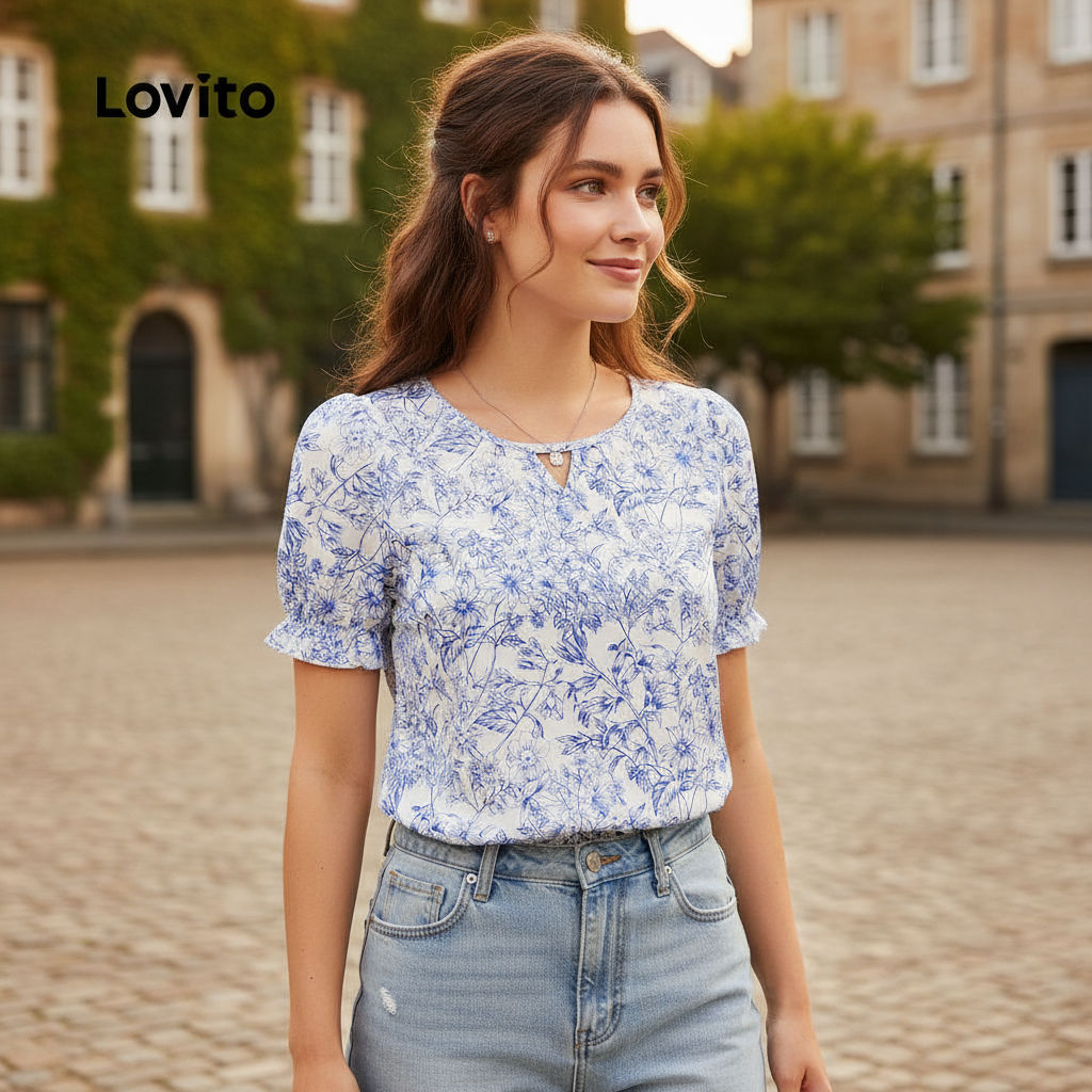 (trendy3)Lovito เสื้อบูโล่ทรงบูโล่เปิดกลีบ สบายและนุ่มในฤดูใบไม้ผลิ/ฤดูร้อน สีน้ำเงิน L137ED424