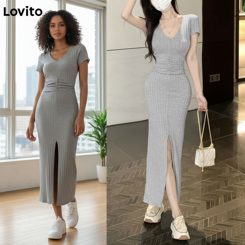 (trendy5)Lovito ชุดเดรสลําลองชุดเดรสด้านหน้าแบบแยกธรรมดาสําหรับผู้หญิง L108ED610