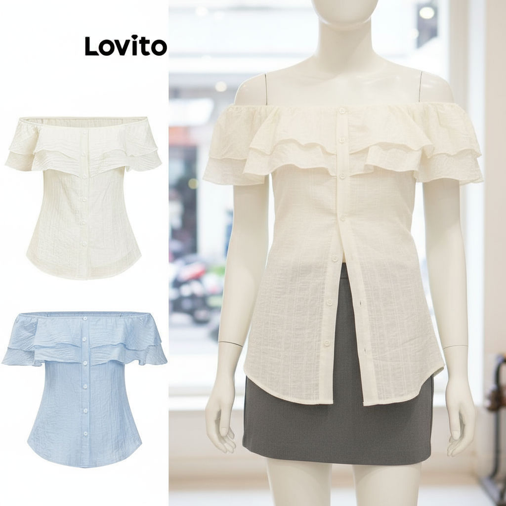 (Trendy2) Lovito เสื้อลําลองผ้าพื้นผิวธรรมดานัวเนียปุ่มฤดูใบไม้ผลิและฤดูร้อนเสื้อสําหรับผู้หญิง L79A