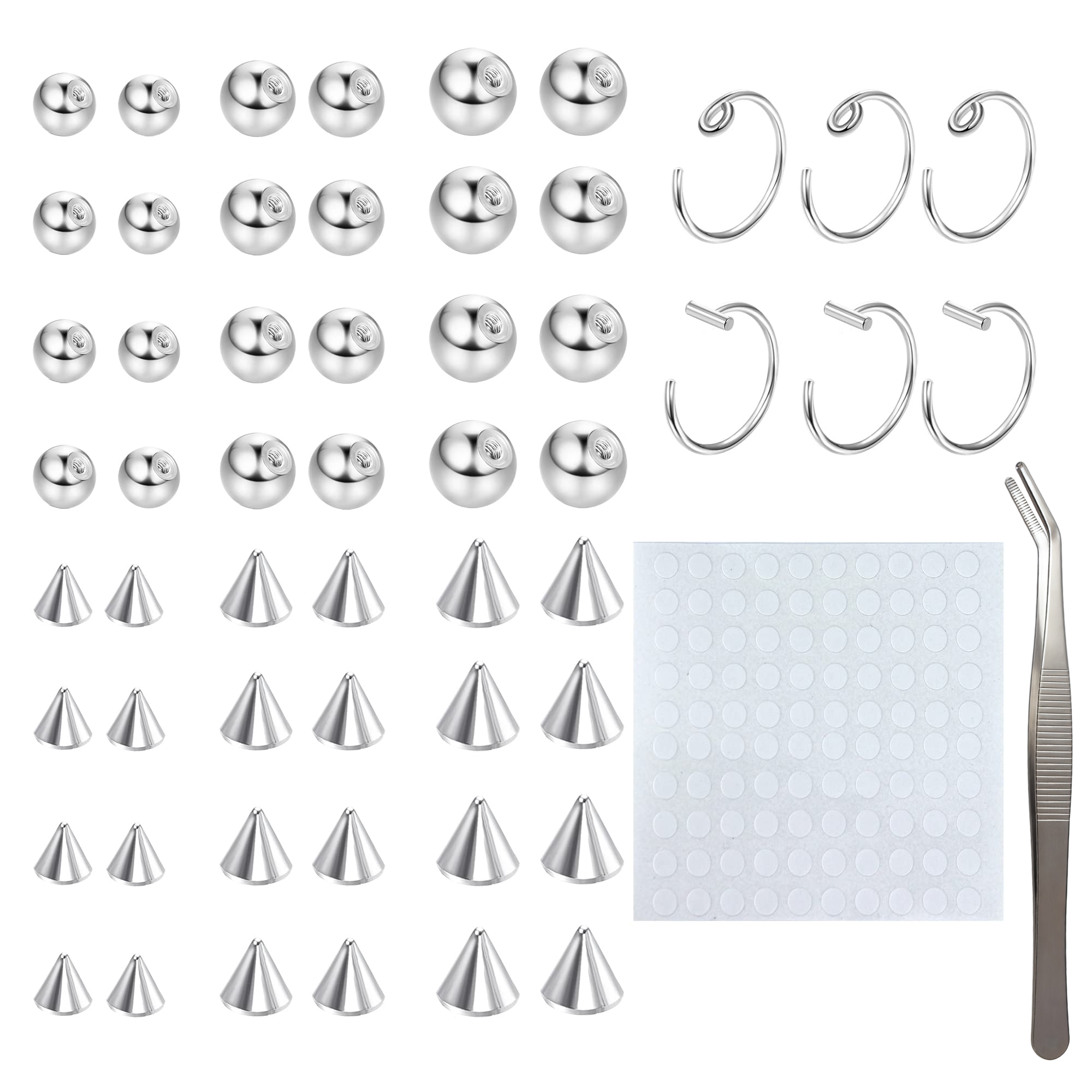 Non-piercing ปลอม Eyebrow Lip Labret Studs 100pcs สติกเกอร์ลูก Spike จมูกแหวน Hoop Body เครื่องประดับผิว 3 4 5 มม.เงิน