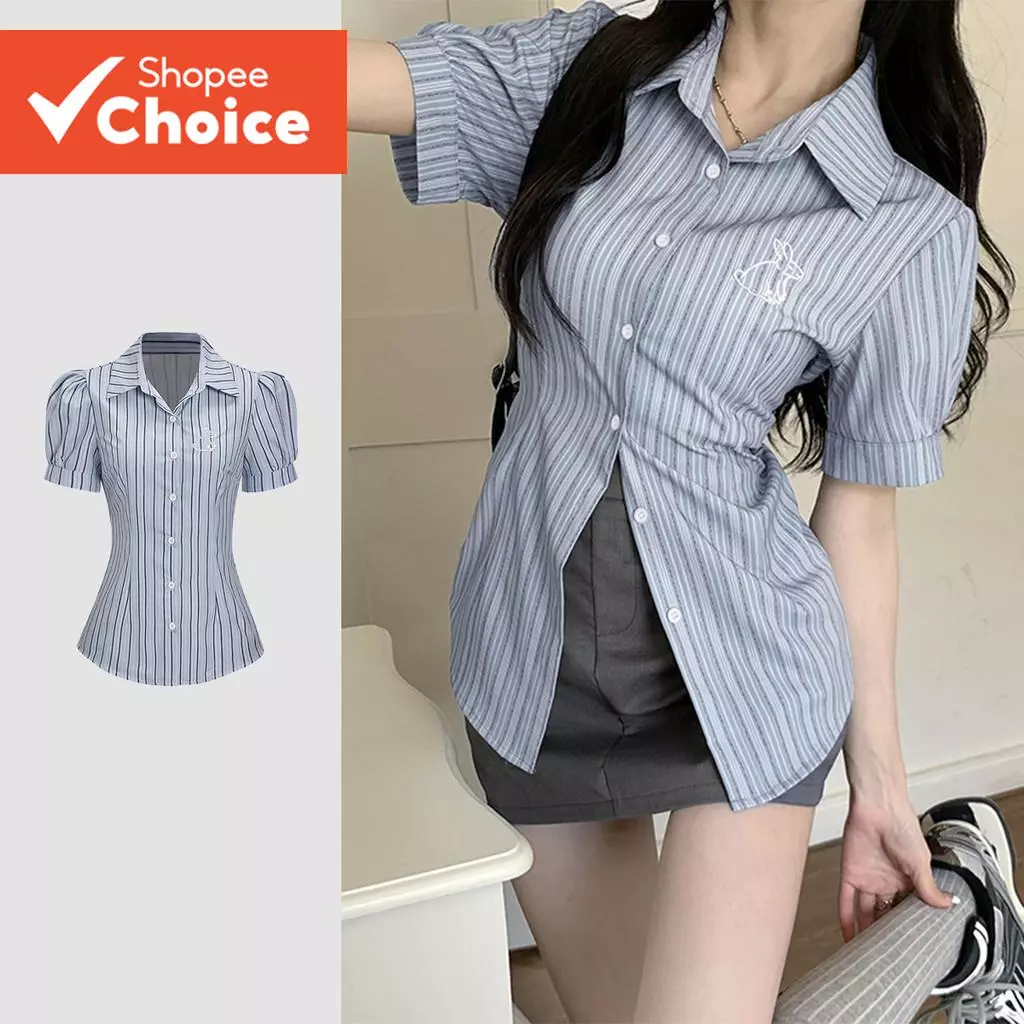 เสื้อเชิ้ตผู้หญิงสไตล์ Preppy ลายทางปักลาย ติดกระดุมด้านหน้า แขนยาวระบายฟู สีฟ้า รุ่น L58AD035