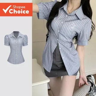 เสื้อเชิ้ตผู้หญิงสไตล์ Preppy ลายทางปักลาย ติดกระดุมด้านหน้า แขนยาวระบายฟู สีฟ้า รุ่น L58AD035