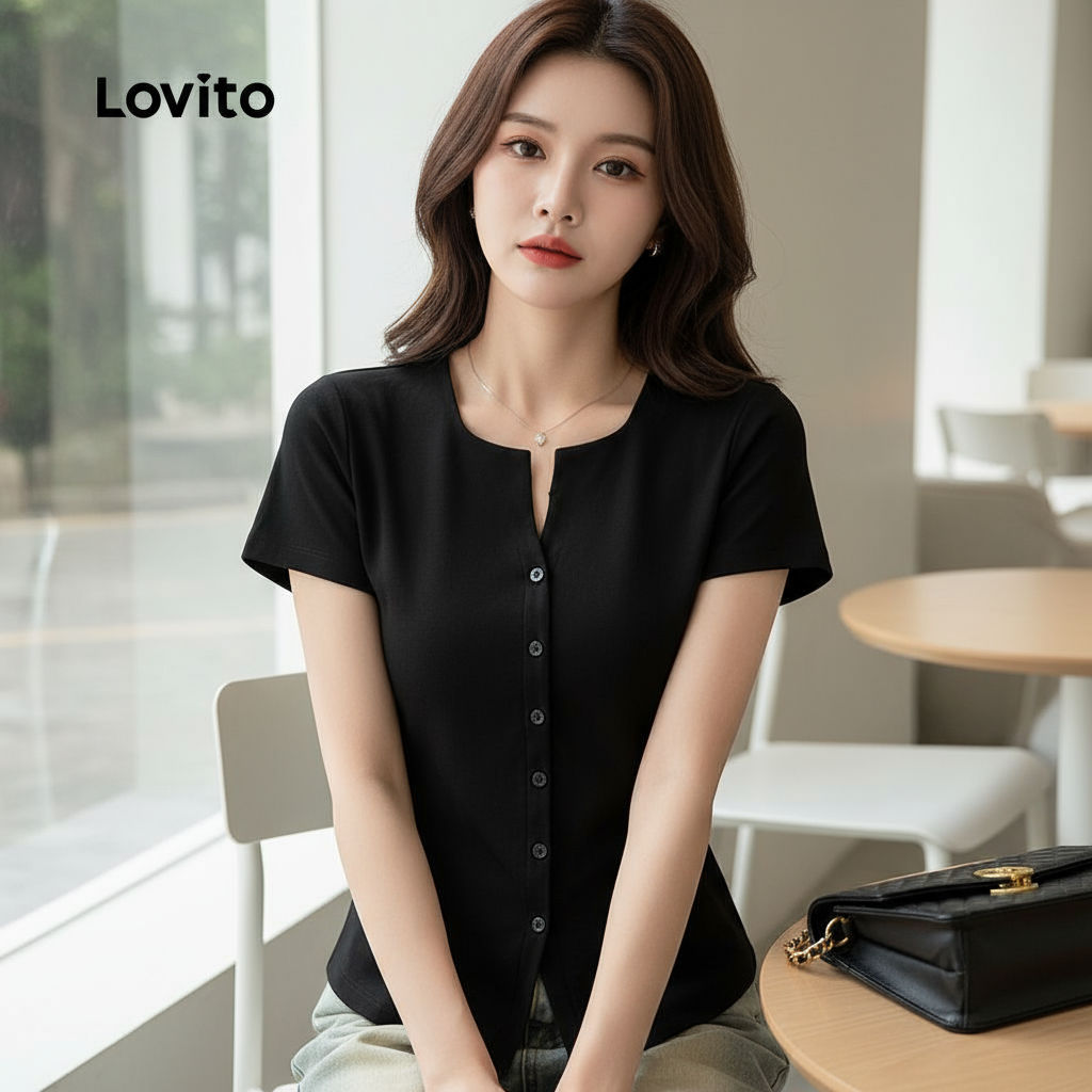 (Trendy2) Lovito สบายๆปุ่มธรรมดาแยกด้านหน้าฤดูใบไม้ผลิ/ฤดูร้อนสีดําเสื้อยืดสําหรับผู้หญิง L135A2D216