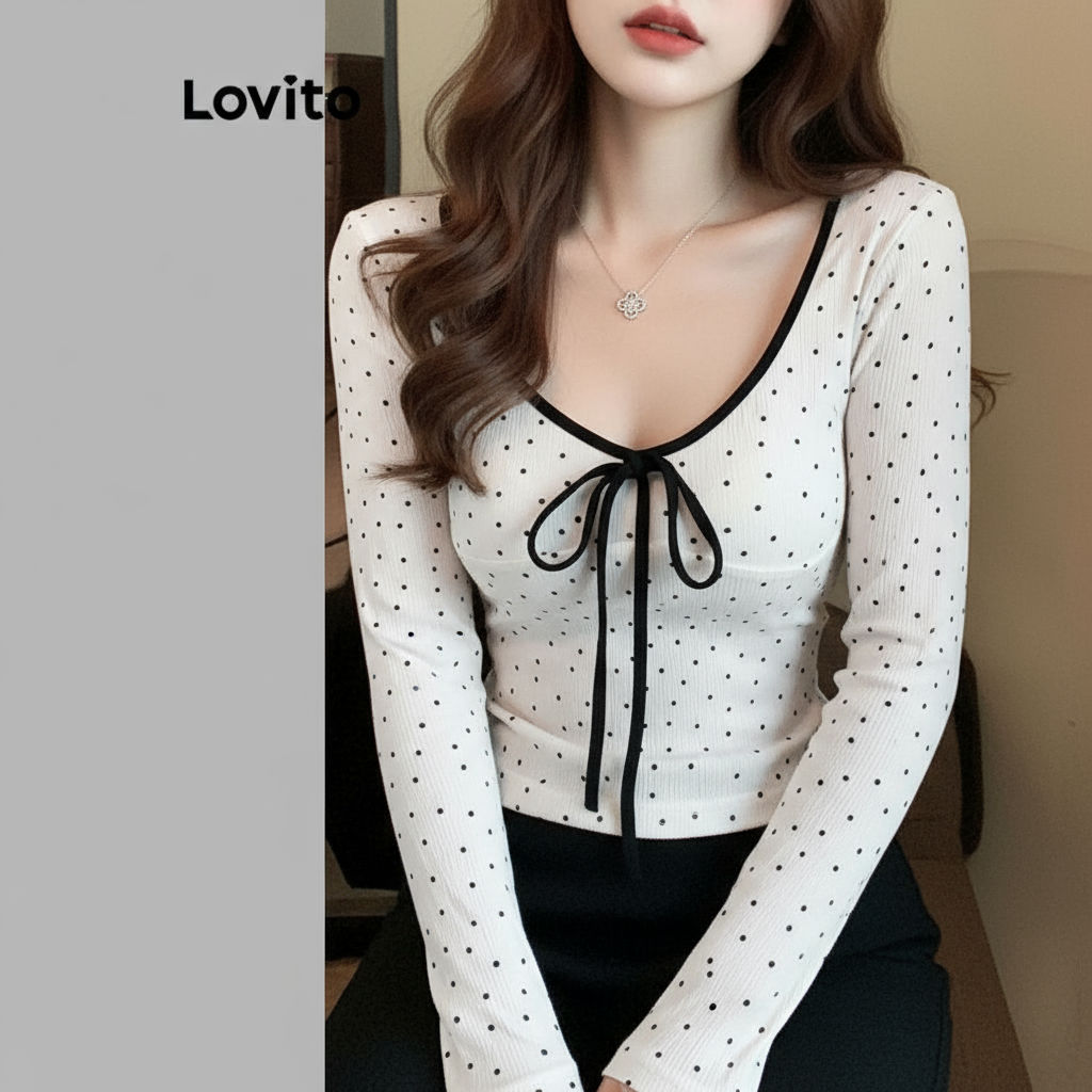 (Trendy2) Lovito เสื้อยืดลําลอง ลายจุด โบว์ สีตัดกัน การผูกมัด ฤดูร้อน/ฤดูใบไม้ผลิเสื้อยืดสําหรับผู้
