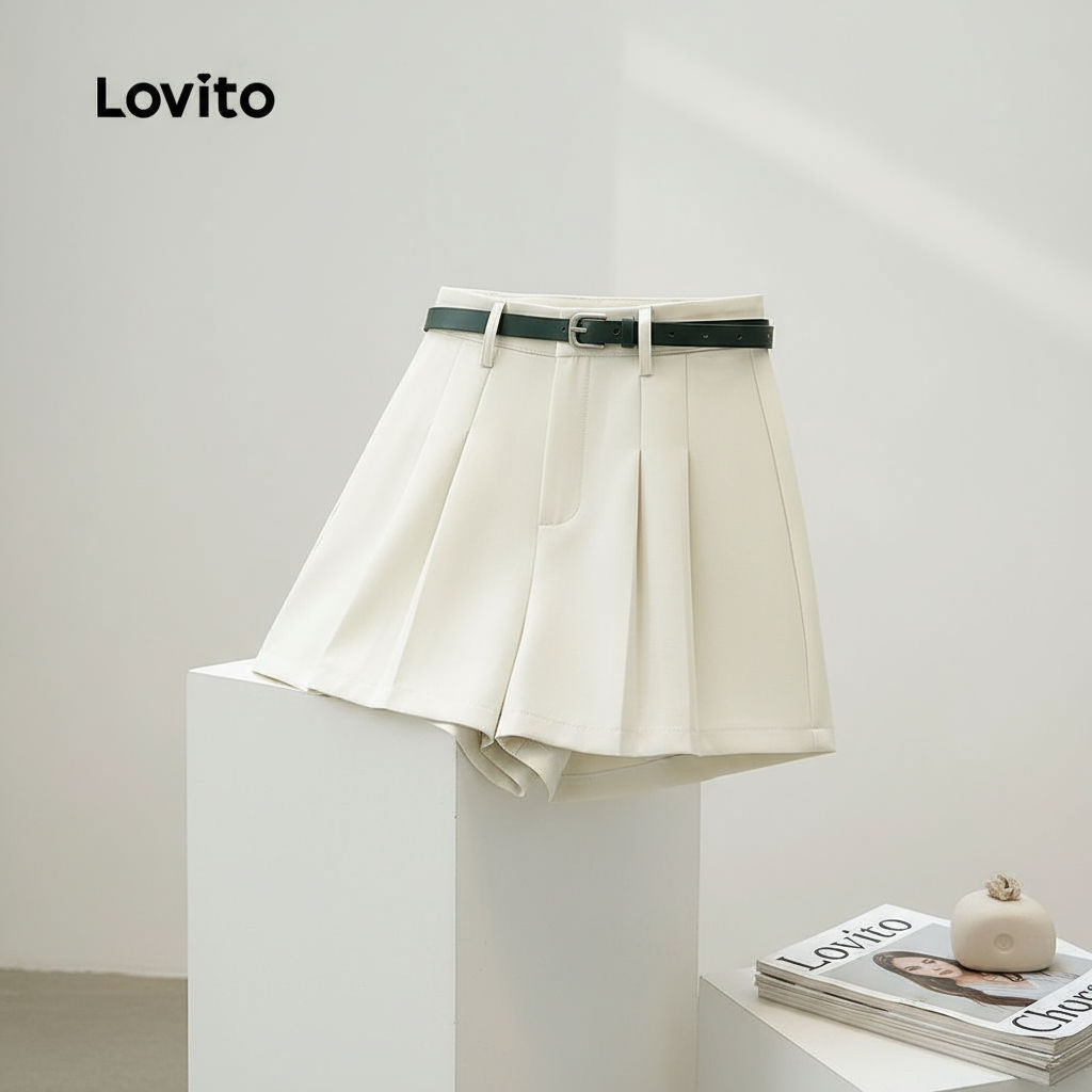 (Fashion_3) Lovito สั้นจีบธรรมดาลําลองสําหรับผู้หญิง L133ED648