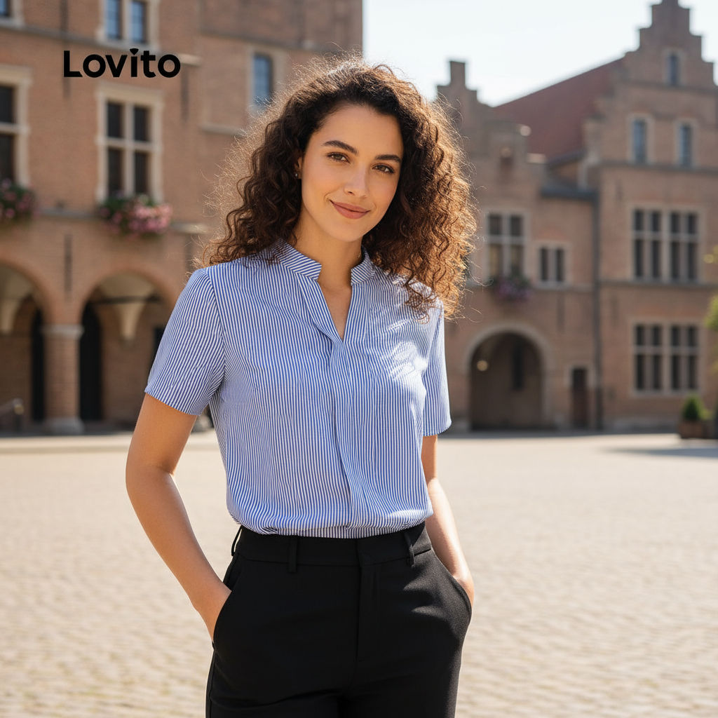 Lovito เสื้อเชิ้ตลําลองผู้หญิง สีน้ําเงิน สําหรับฤดูฤดูใบไม้ผลิ/ฤดูร้อน รุ่น L243AD605