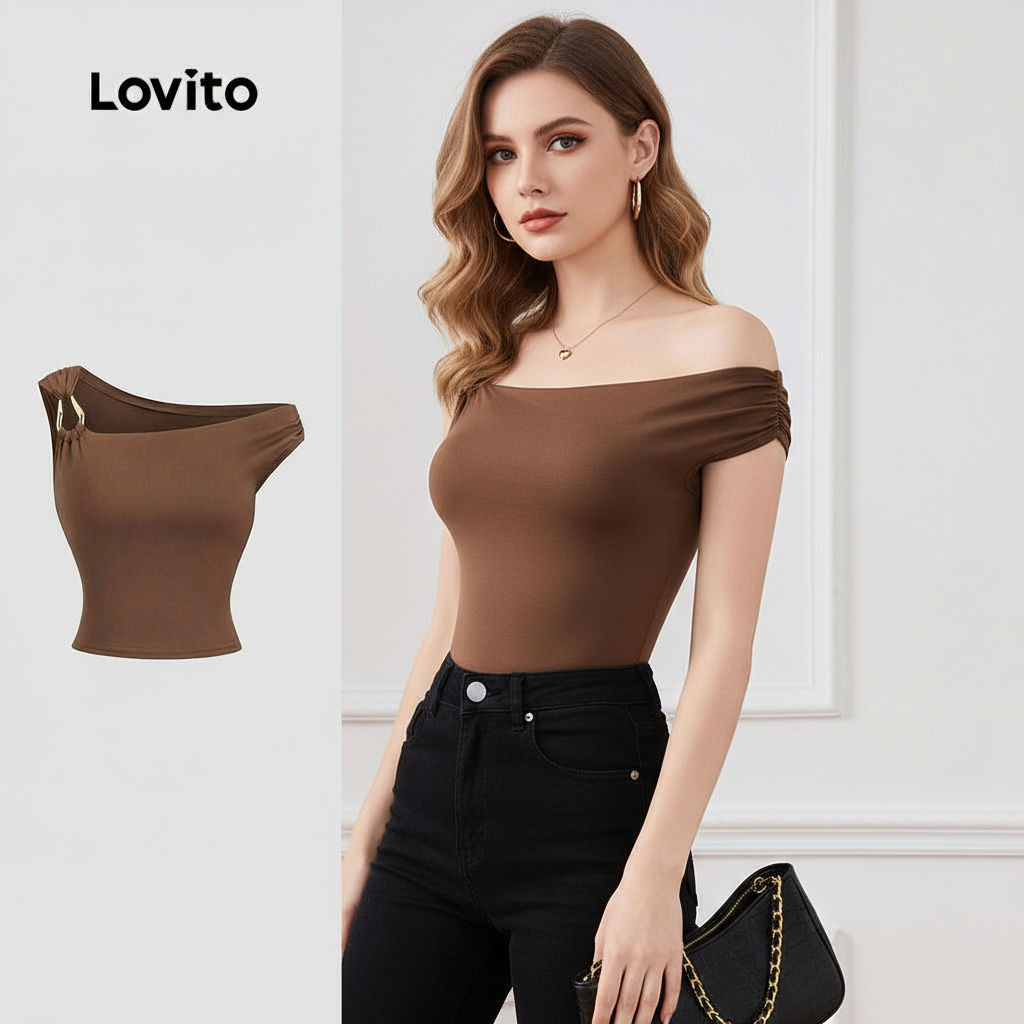 trendy2-Lovito เสื้อยืดลําลองสีน้ําตาลช็อคโกแลตนัวเนียธรรมดาสําหรับผู้หญิง L135AD523