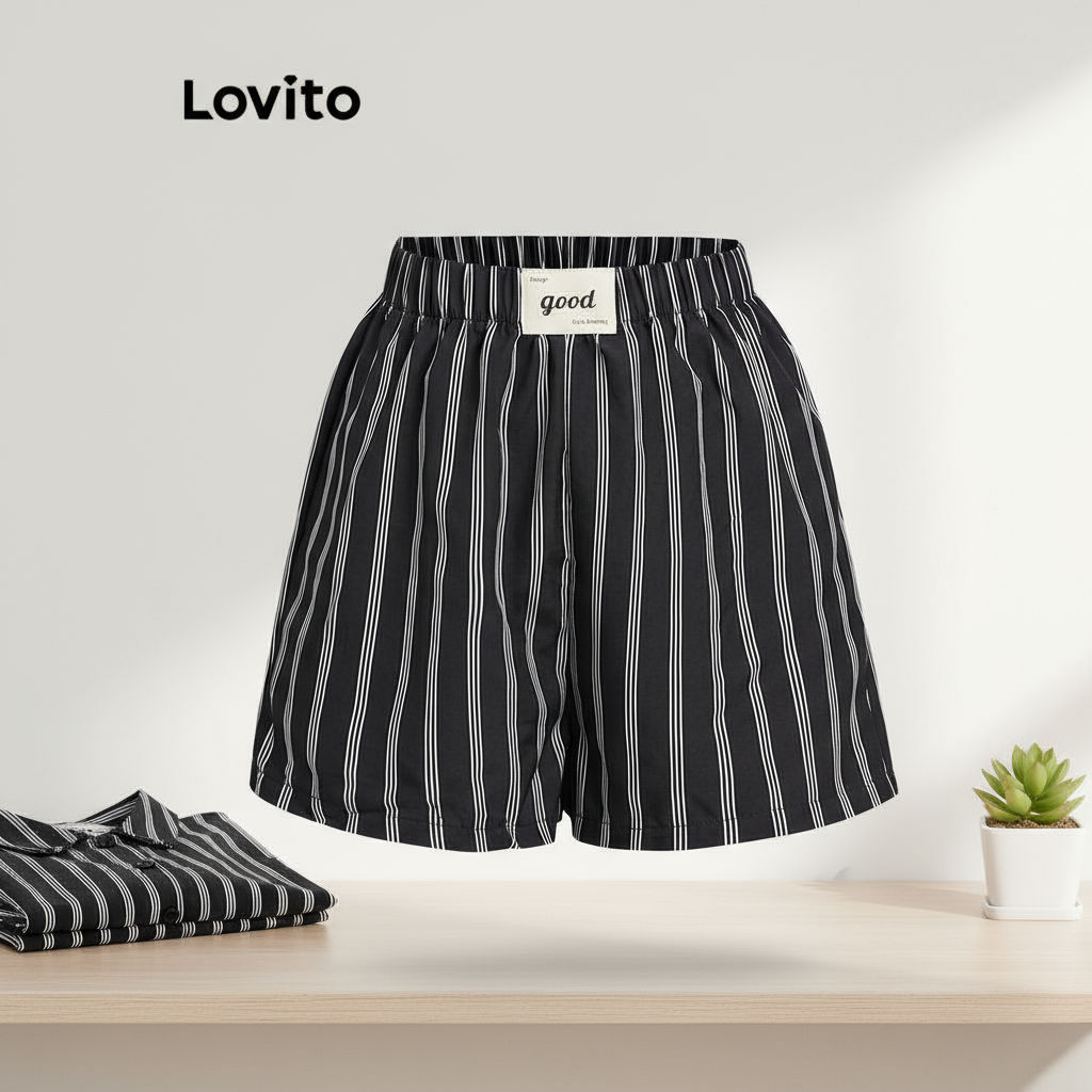 (trendy2)Lovito กางเกงขาสั้นลายทางสีบล็อกลำลองสำหรับผู้หญิง L112ED507