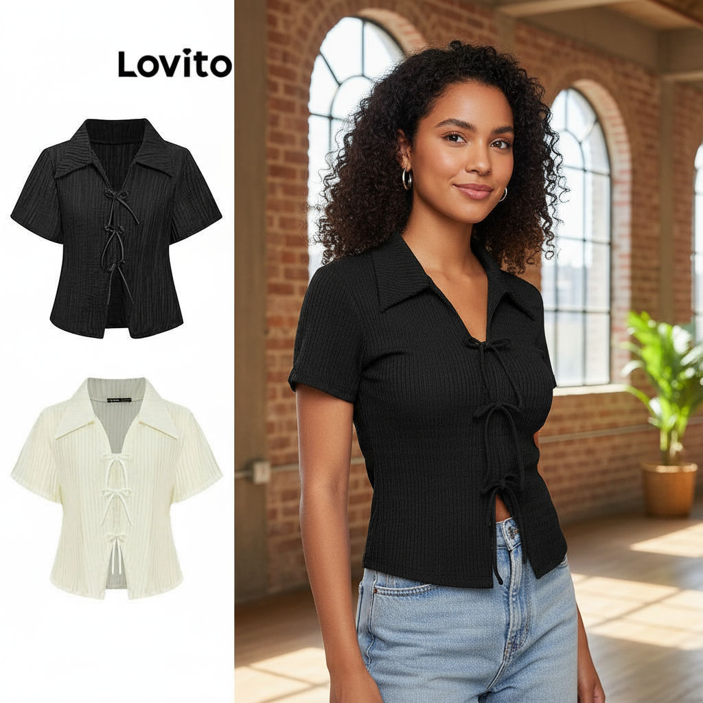 Lovito เสื้อผู้หญิงฤดูร้อนผ้าแจ็คการ์ดแต่งโบว์น่ารักหลากสี L87ED028