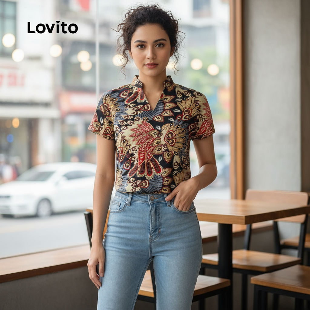 Lovito เสื้อแขนสั้นผู้หญิงสไตล์บาหลี พับได้ สําหรับฤดูใบไม้ผลิและฤดูร้อน รุ่น L142ED448