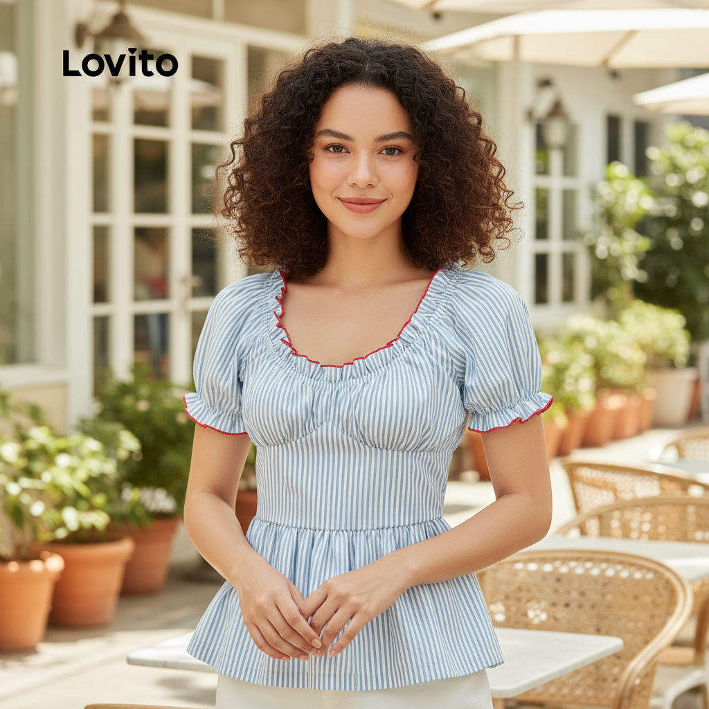 (Fashion_3) Lovito เสื้อน่ารักลายจีบคมชัดผูกพันสม็อคฤดูร้อน/ฤดูใบไม้ผลิเสื้อสําหรับผู้หญิง L125AD492