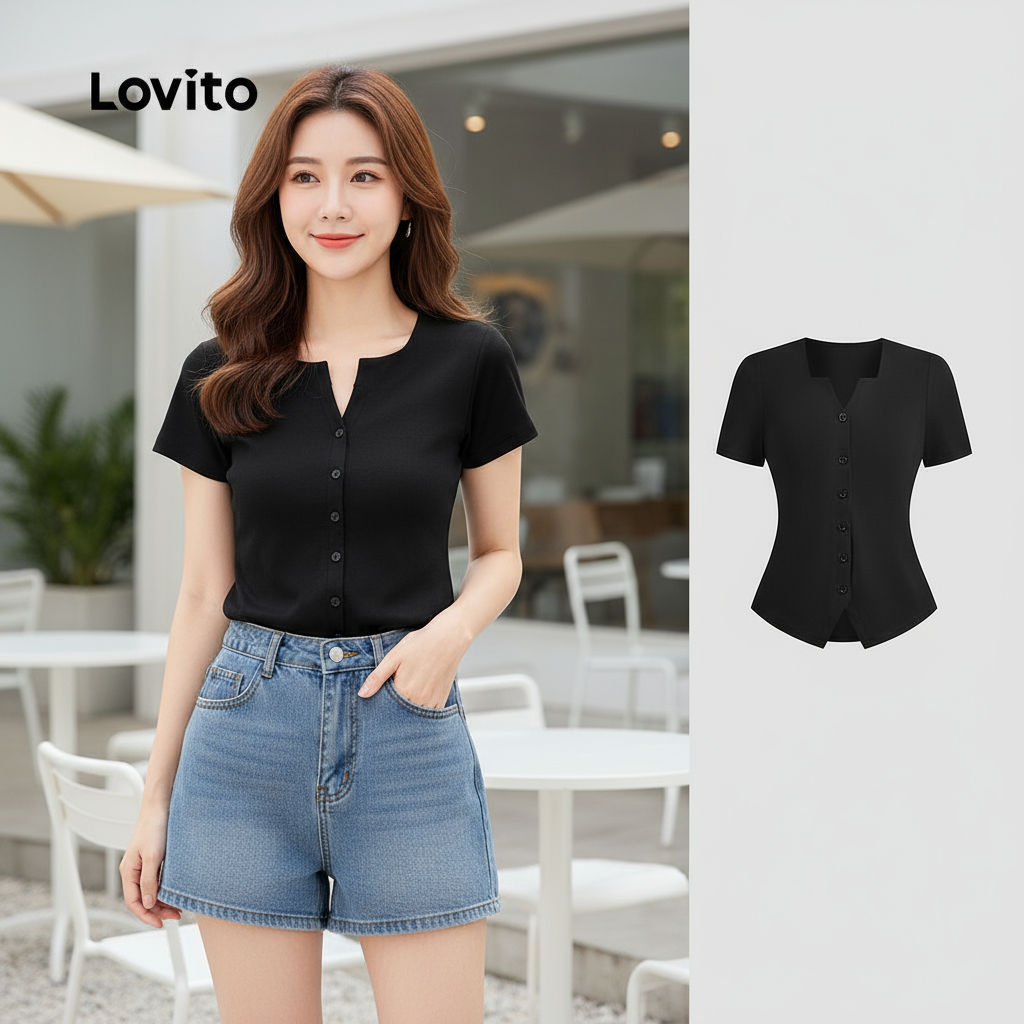 Lovito เสื้อยืดผู้หญิงสีดําสไตล์ลําลอง ติดกระดุมหน้าแบบเรียบง่าย สําหรับฤดูใบไม้ผลิ/ฤดูร้อน L135A2D2