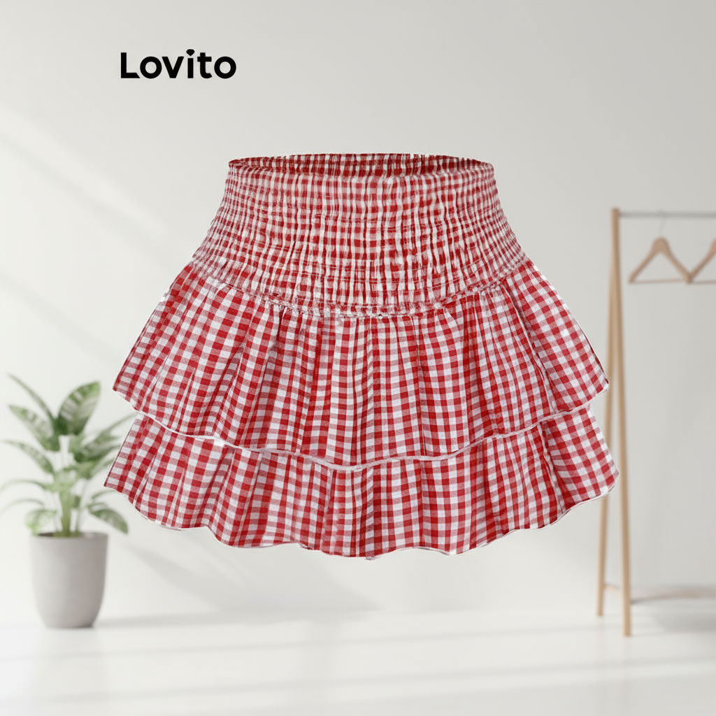 trendy3-Lovito กระโปรงน่ารัก กระโปรงหัวเข็มขัดจานลายตารางสําหรับผู้หญิง L110AD476