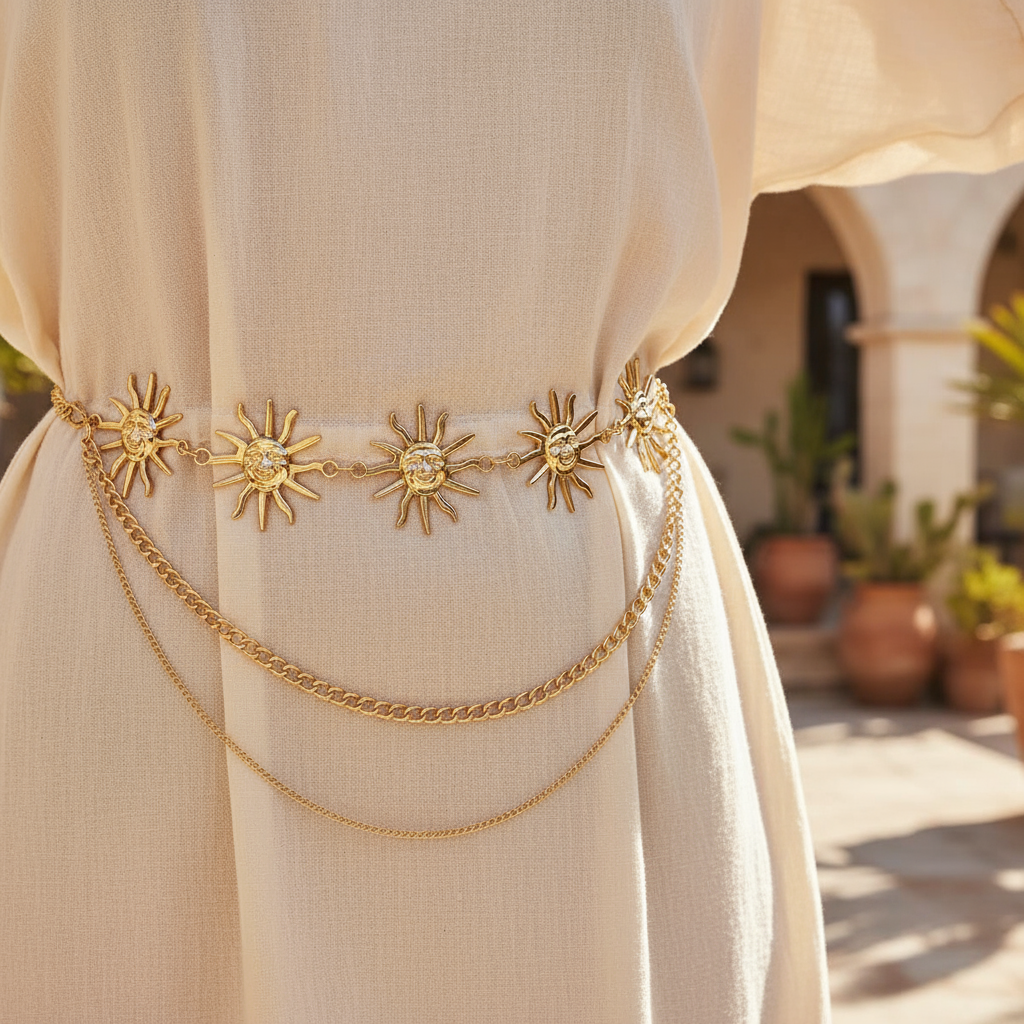 สายรัดเอวสไตล์โกธิคพังก์รูปดวงจันทร์และดวงอาทิตย์สําหรับผู้หญิง เครื่องประดับร่างกาย