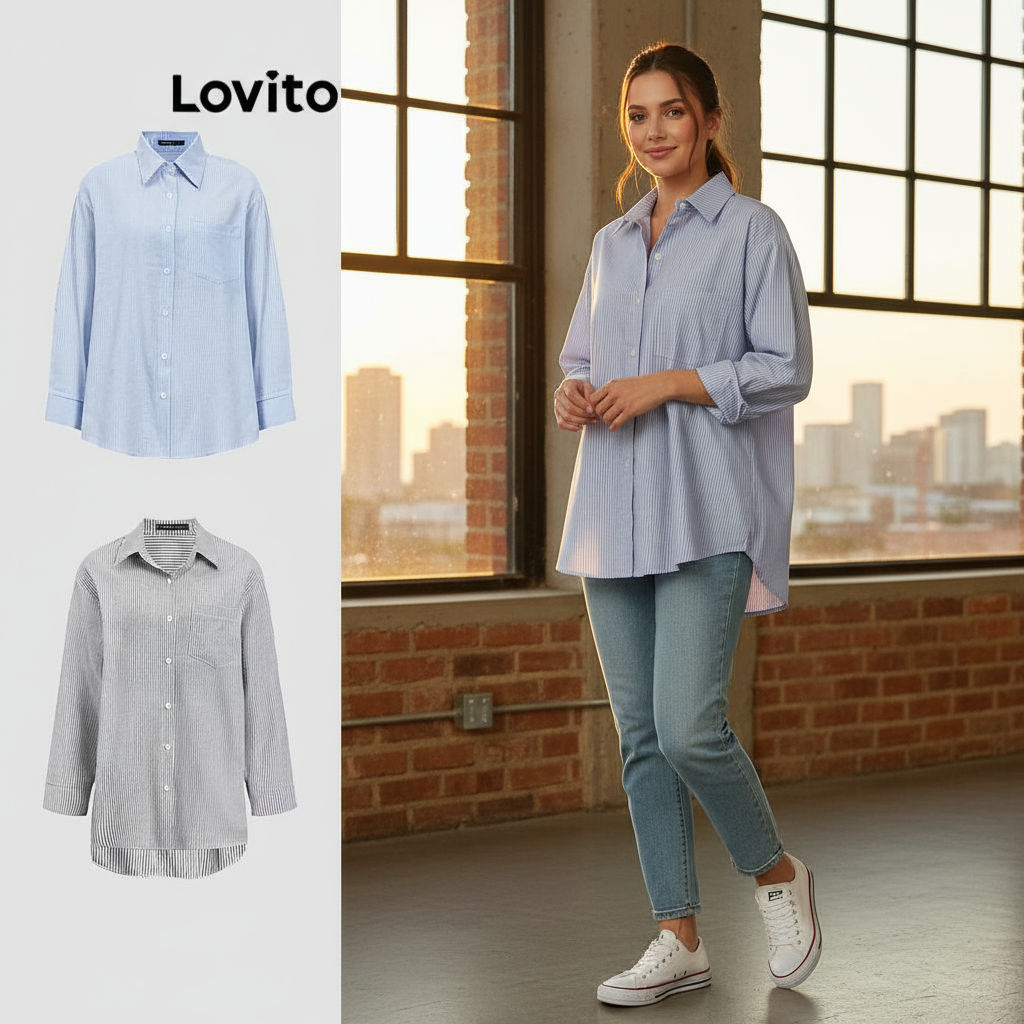 (Fashion_2) Lovito เสื้อลําลองลายกระดุมเดรปสําหรับผู้หญิง L90AD060 (หลากสี)