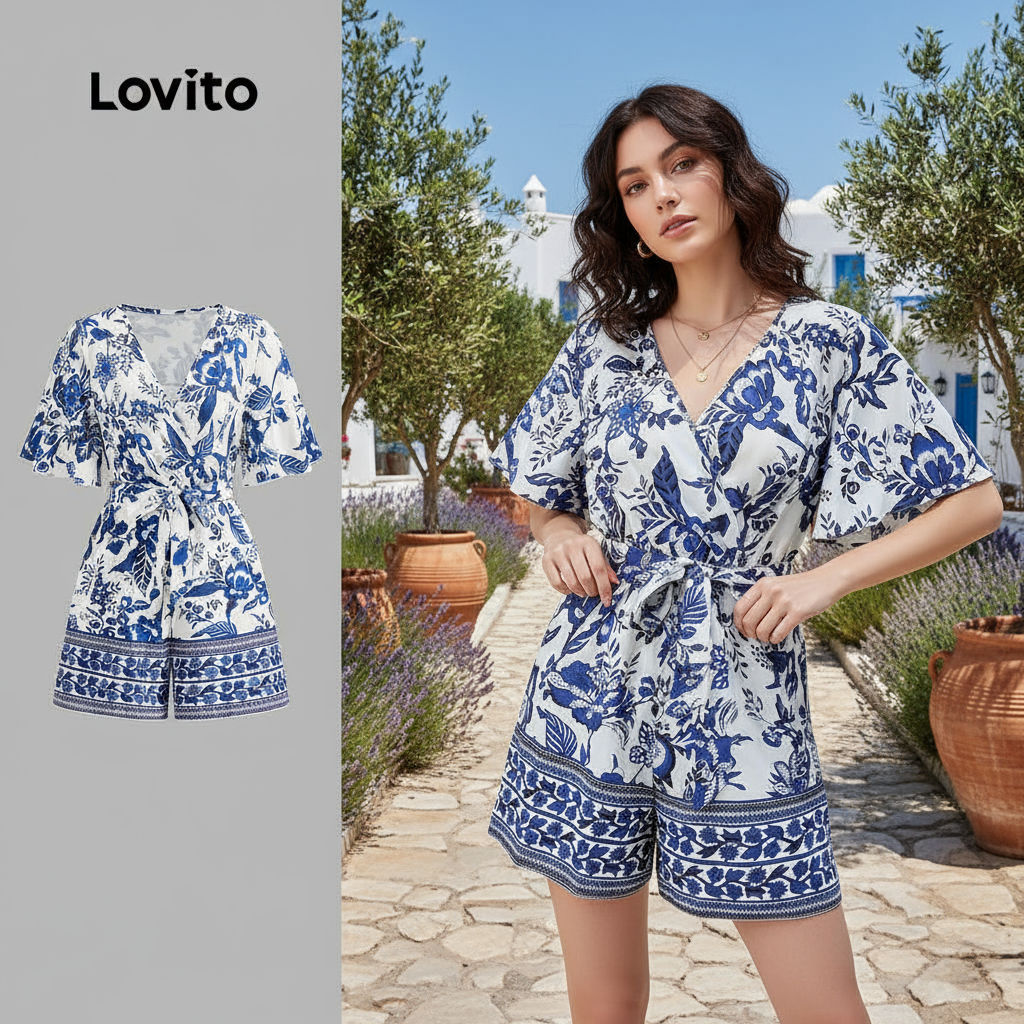 (trendy5)Lovito โบโฮ เผ่า พิมพ์ลายลูกไม้ขึ้น ชุดจั๊มสูท สําหรับผู้หญิง L128ED625