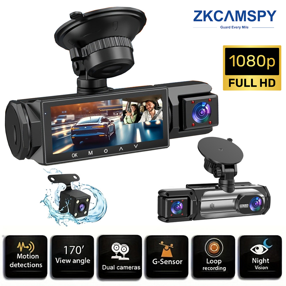 Triple Camera Dash Cam ด้านหน้าด้านหลังรถ DVR Monitor 1080P
