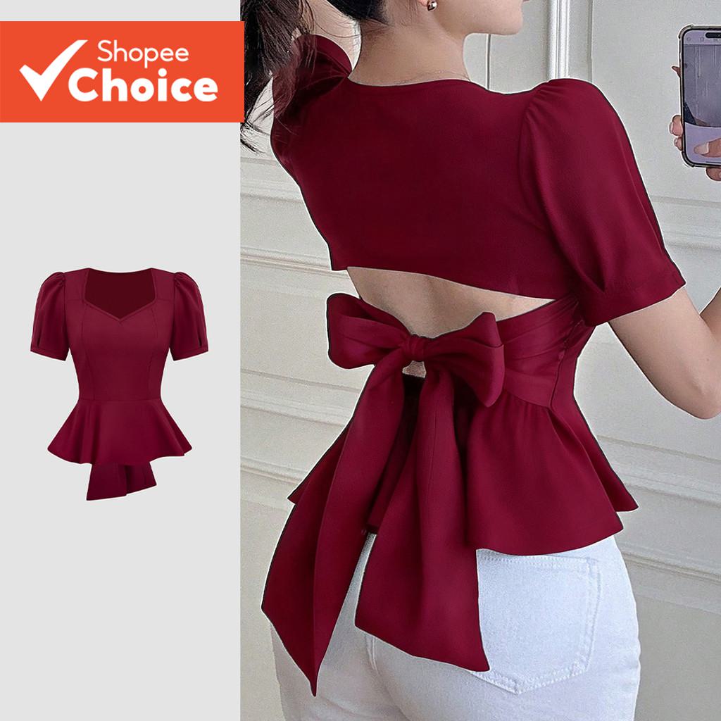 Lovito เสื้อเชิ้ตผู้หญิงสไตล์เรียบหรู สําหรับปาร์ตี้ชายระบาย เหมาะกับฤดูใบไม้ผลิ/ฤดูร้อน สีแดงไวน์ ร