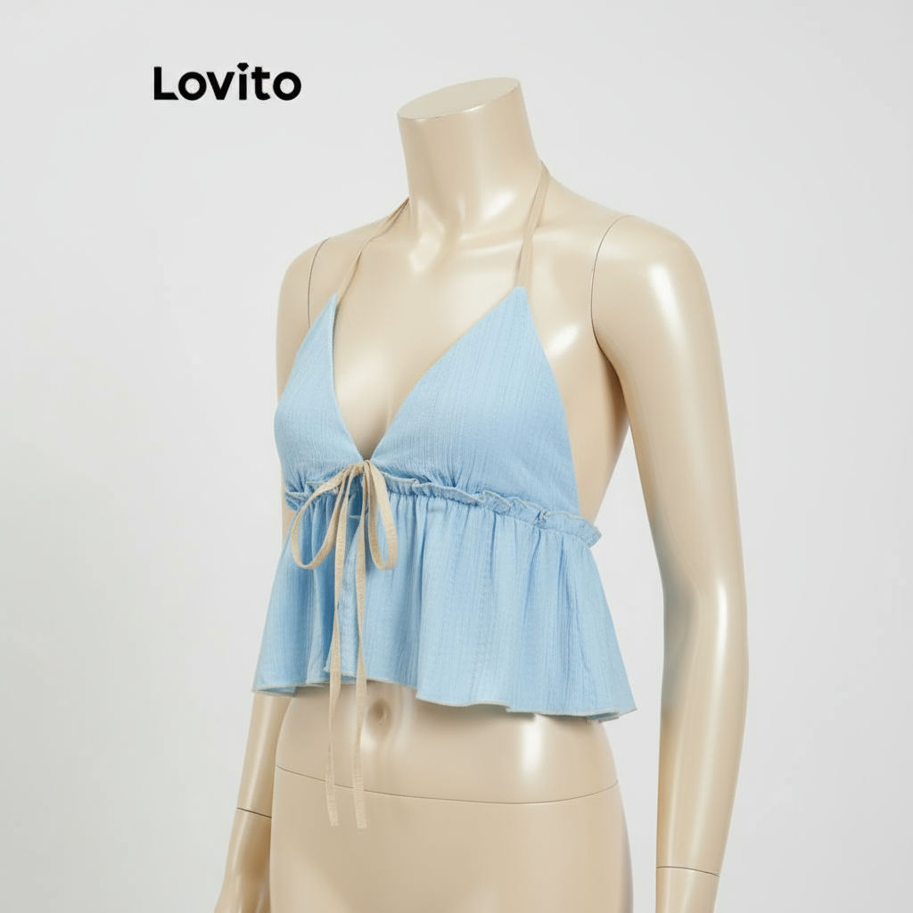 (Trendy2) Lovito เสื้อกล้ามหรูหราเสื้อกล้ามด้านหน้าผูกธรรมดาสําหรับผู้หญิง L90AD036