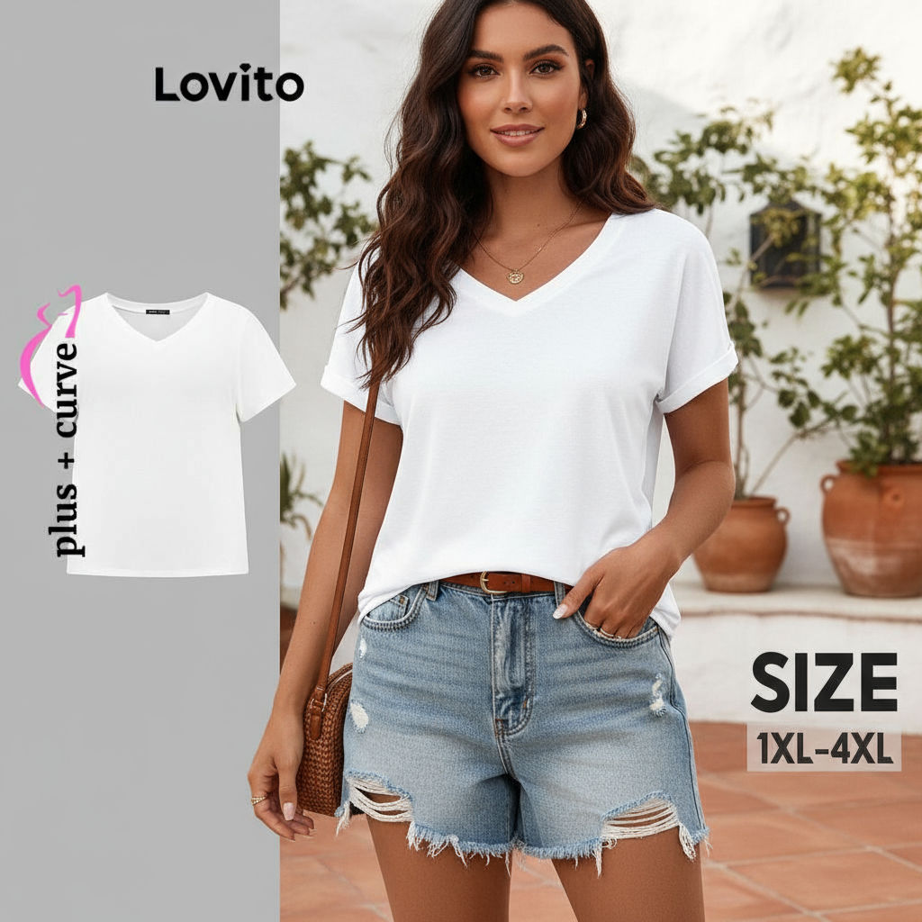 Lovito เสื้อยืดสาวอวบ ผ้าถัก สีพื้น สไตล์ลำลอง LBL16156