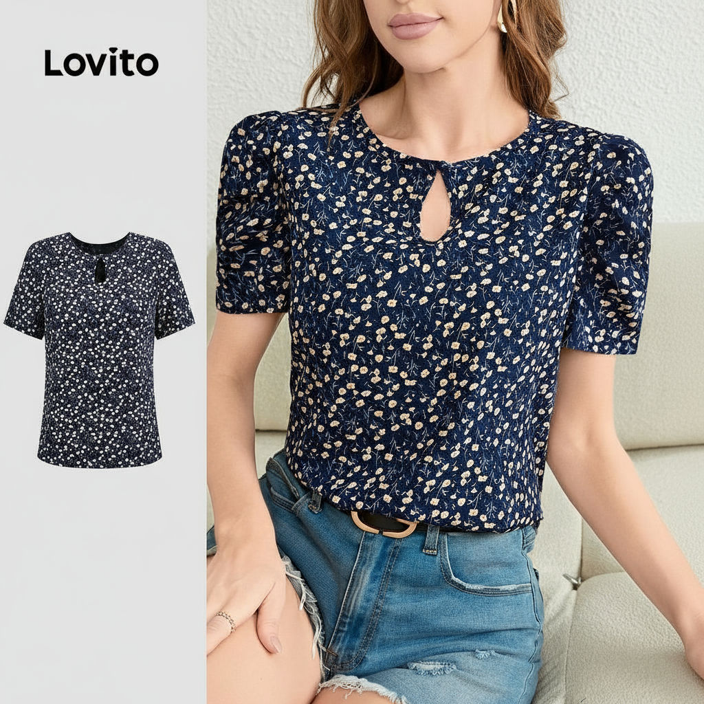 Lovito เสื้อเปิดไหล่ลูกไม้สุดหรู สำหรับฤดูใบไม้ผลิ/ฤดูร้อน สีน้ำเงิน สำหรับผู้หญิง L149LD441\3
