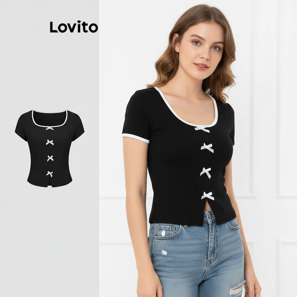 Lovito เสื้อยืดผูกโบว์สีพื้นลำลองสำหรับผู้หญิง L112ED657