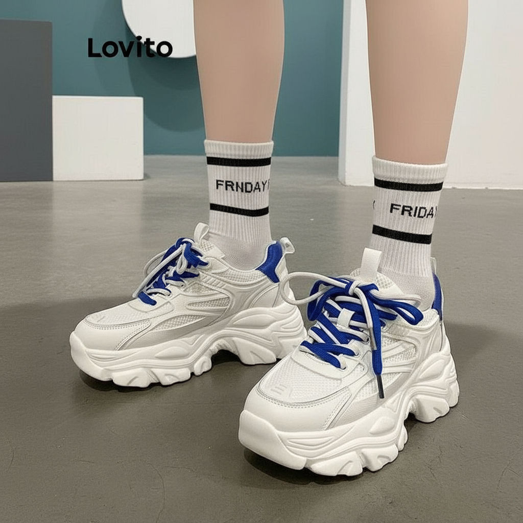 (Fashion_2) Lovito ลําลองธรรมดาแฟชั่นพื้นหนาด้านในเพิ่มความสูงกระจายรองเท้าผ้าใบฐานเค้กสําหรับผู้หญิ