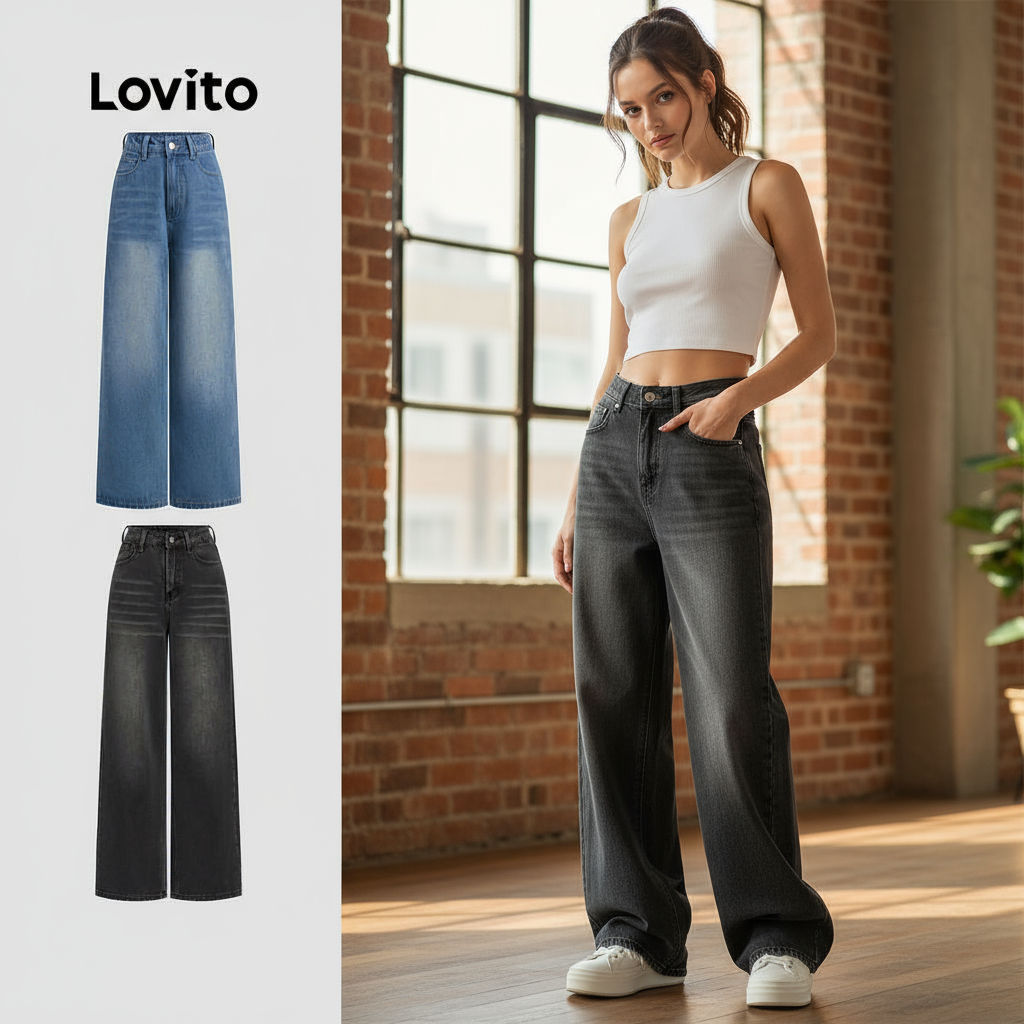 (Fashion_4) Lovito กางเกงยีนส์ลําลอง Cats Whiskers กระเป๋าJeans สําหรับผู้หญิง L106AD1240