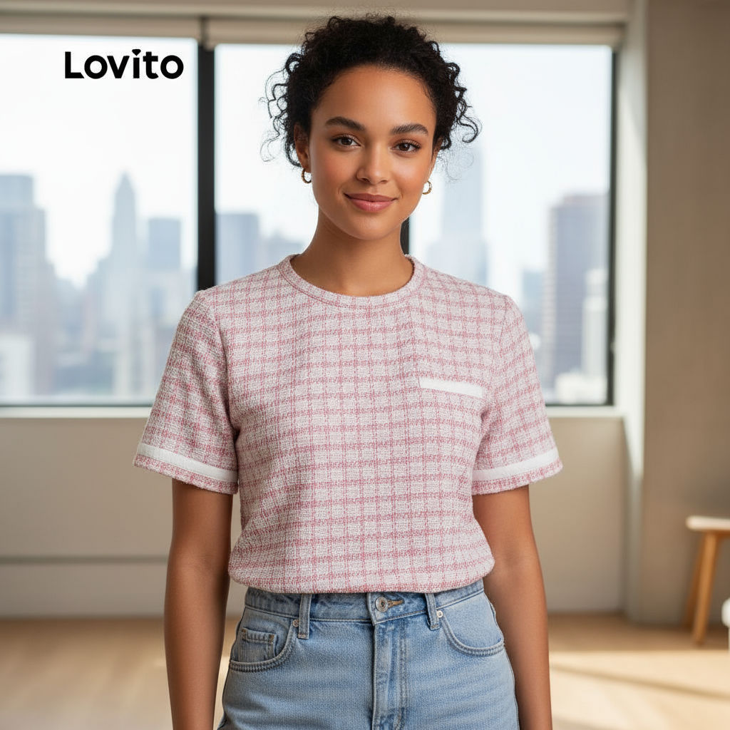 (trendy5)Lovito เสื้อบลูสะสบอกรายละเอียดด้านตรง แขนเสื้อแบบคอตตอนซุกซน นุ่มสบาย ฤดูใบไม้ผลิ/ฤดูร้อน 