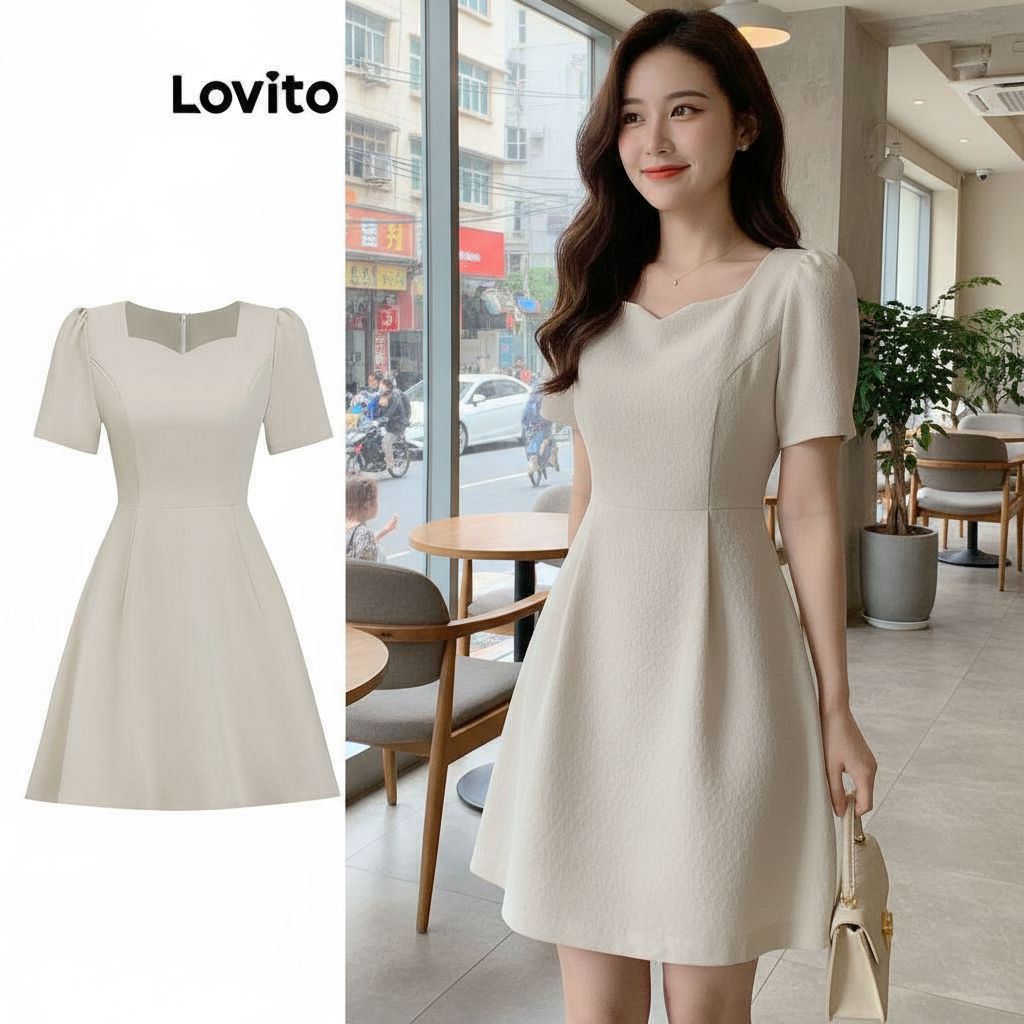 (trendy3)Lovito เดรสผู้หญิง แต่งจีบ เบสิก สีพื้น สไตล์ลำลอง L100MD248