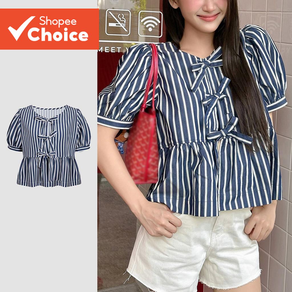 โลวิโต ผู้หญิงน่ารักเสื้อลายจีบผูกด้านหน้าเสื้อ ล122โฆษณา069