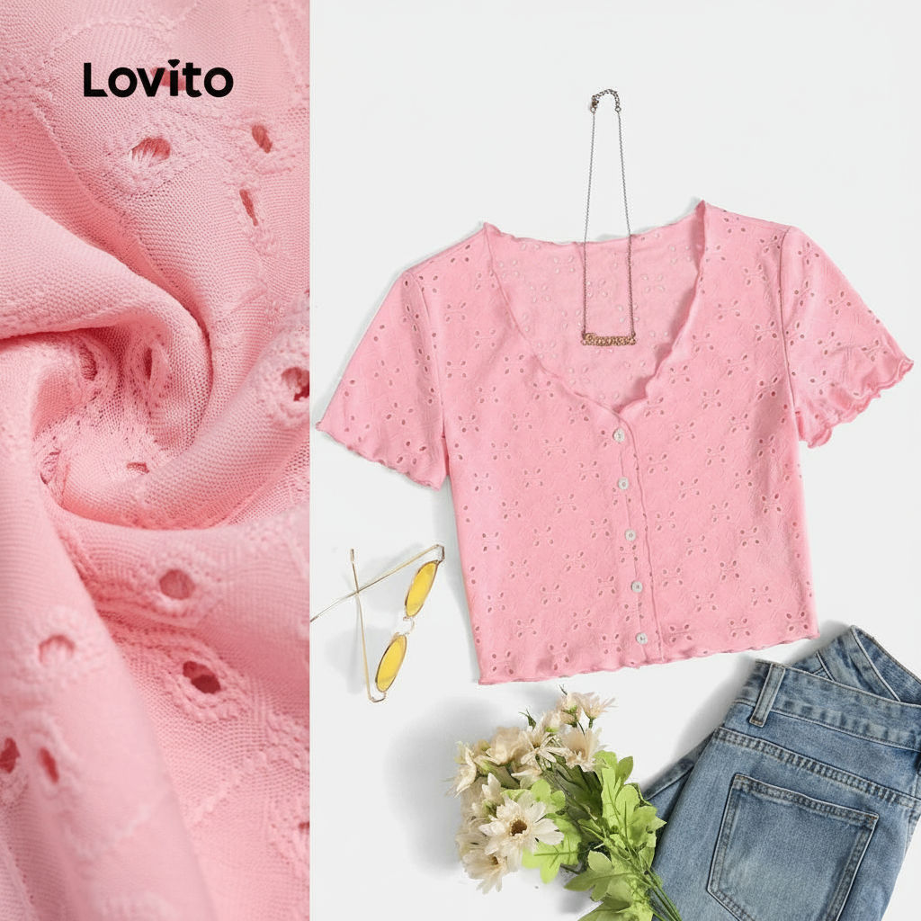 (trendy4)Lovito เสื้อยืดกระดุมหน้าสีพื้นแบบลําลองสําหรับผู้หญิง L129ED633